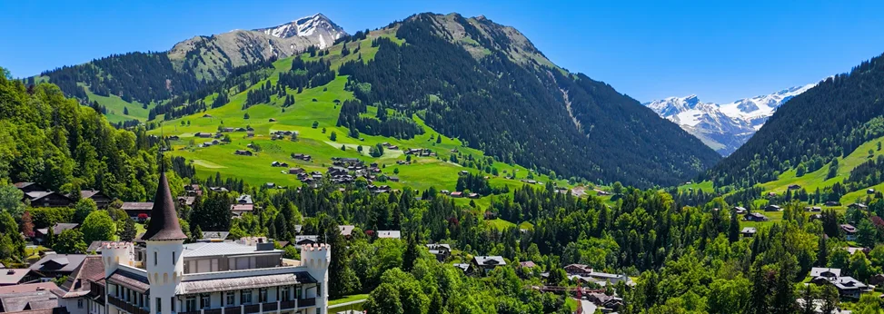 Elegant Swiss boarding school campus building with landscaped garden