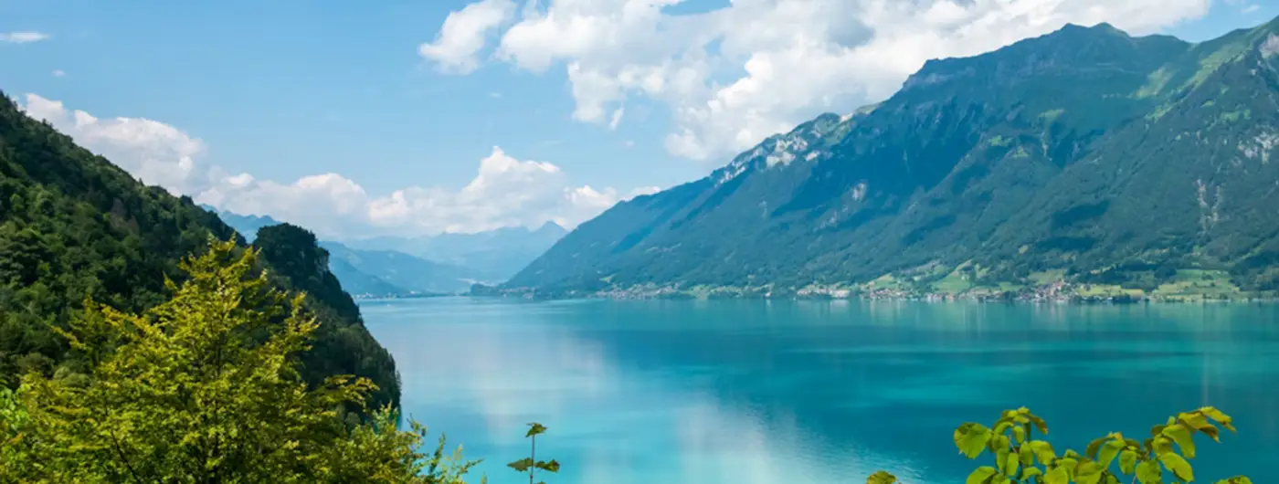 Swiss lake and mountain landscape illustrating quality of life and environment for international families