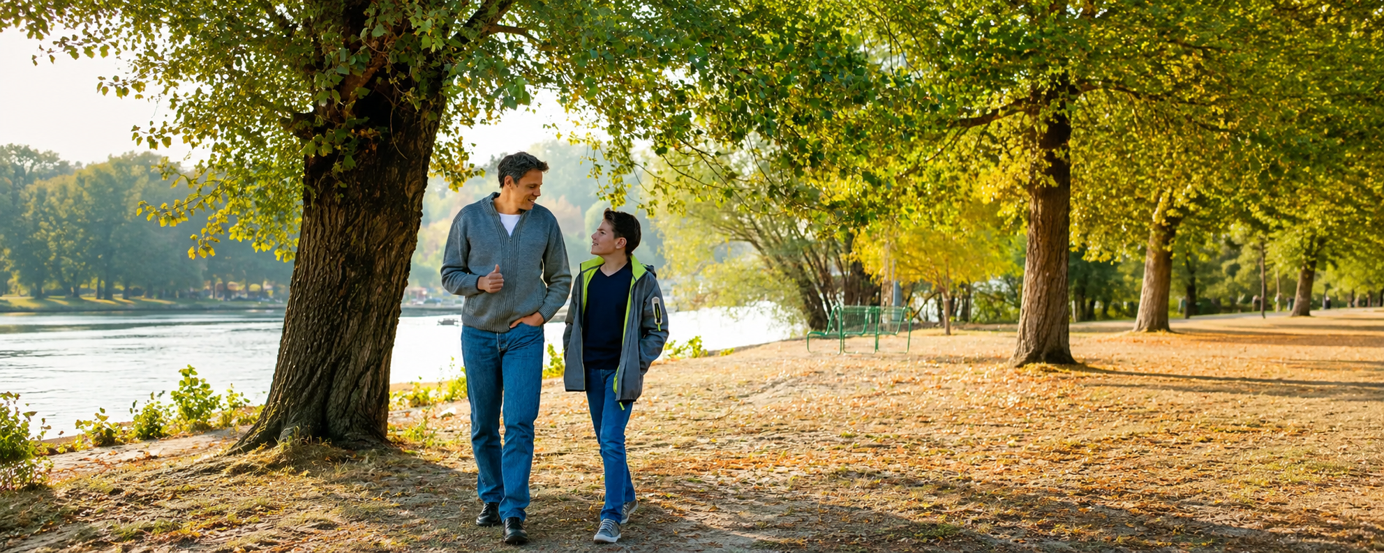 Parent and child discussing how to choose the right Swiss boarding school in a calm outdoor environment