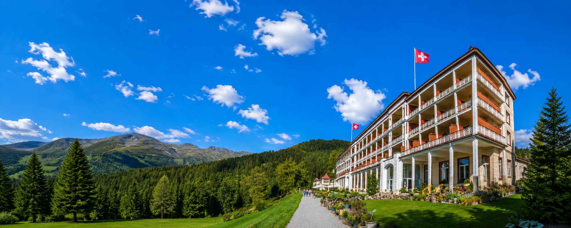 Swiss boarding school campus in the Swiss Alps with students and Swiss flag