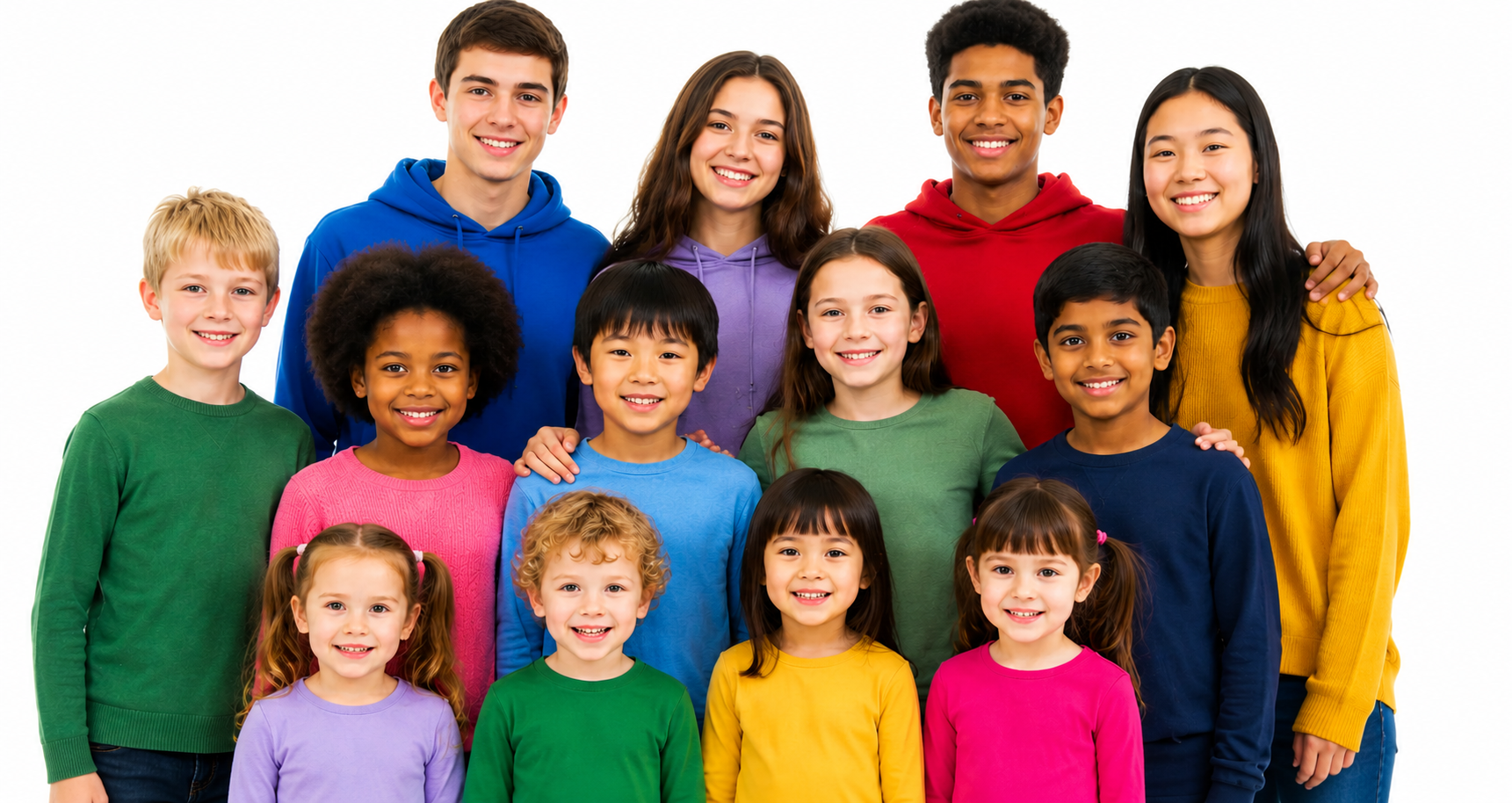 International group of students of different age groups in a Swiss summer camp programme